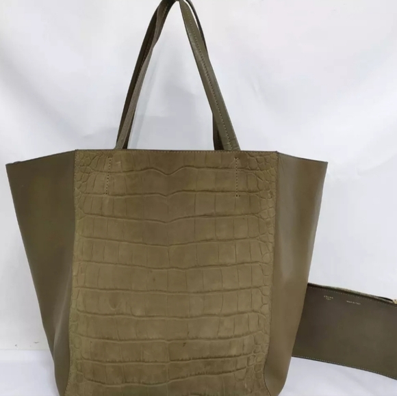 Celine Cabas Phantom Khaki Leather Tote Bag Large Capacity Rare color - Picture 1 of 16